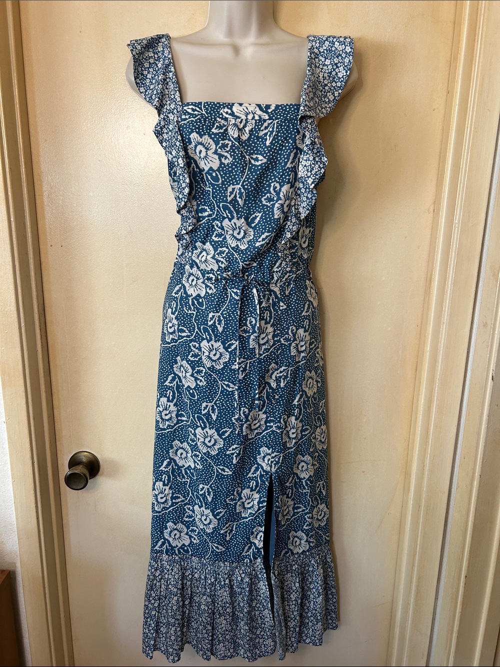 PAIGE Blue Floral Ruffle Midi Dress size S